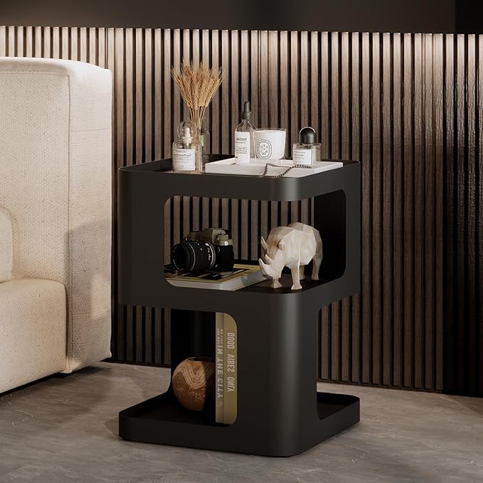 Side Table,Modern end Table,Unique nightstand,Bedside Table,Black Metal Night Stand with Storage,Accent Side Table for Couch,Bedroom,Living Room.No Assembly Required