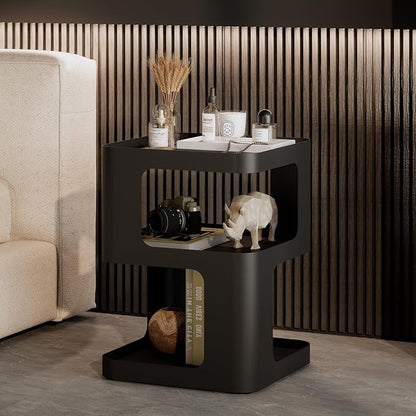 Side Table,Modern end Table,Unique nightstand,Bedside Table,Black Metal Night Stand with Storage,Accent Side Table for Couch,Bedroom,Living Room.No Assembly Required