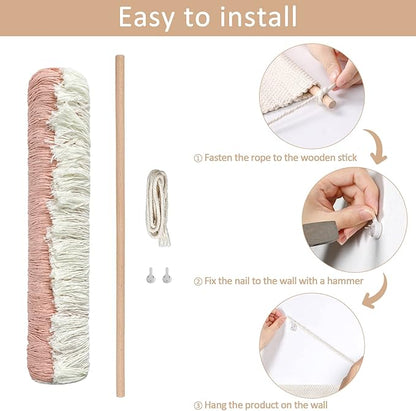 Dremisland Macrame Woven Wall Hanging Home Decor Bohemian Beige Geometric Wave Art Decor with Wool Ball and Tassle-Elegant Apartment Bedroom Dorm Room Door Decoration (Pink Line)