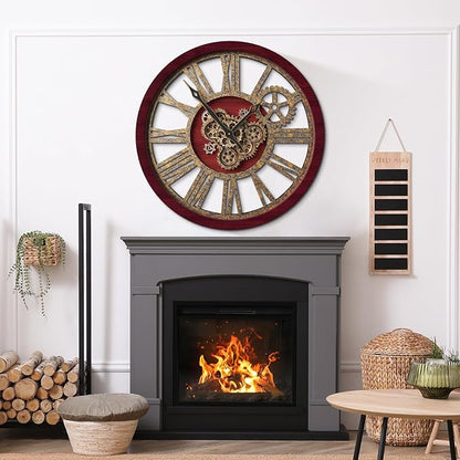 The B-Style Large Wall Clock 24 inch Moving Gear Wall Clock Oversized Vintage Farmhouse Wall Clocks for Living Room Decor Rustic Industrial Wood Clock (Cherry red and Bronze, 36 inch/90cm)