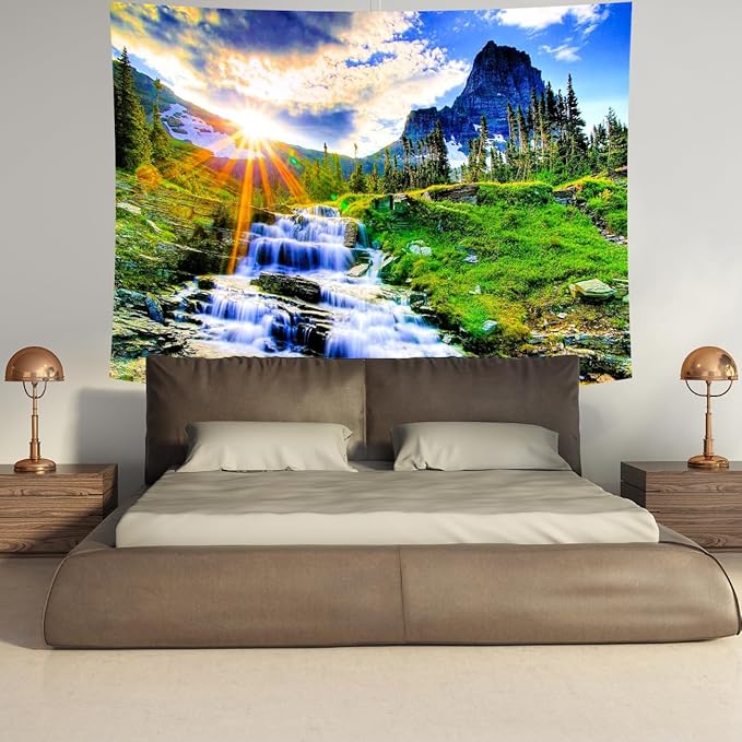 Delur Mountain Waterfall Tapestry Sunset Forest Tree Nature Landscape Tapestry Wall Hanging Tropical Sunrise Rainforest Psychedelic Scenic Headboard for Bedroom Living Room Home Decor (59.1" x 78.7")