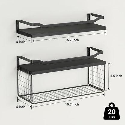 WOPITUES Floating Shelves with Wire Storage Basket, Bathroom Shelves Over Toilet with Protective Metal Guardrail, Wood Wall Shelves for Bathroom, Bedroom, Living Room, Toilet Paper-Black
