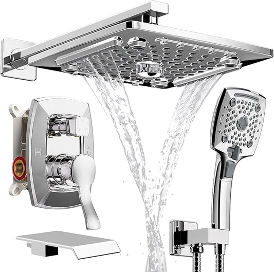 ELLO&ALLO Shower Faucet Set Mixing Valve and Trim Kit, Complete Shower System with Tub Spout, Chrome
