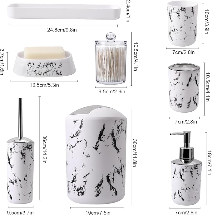 White Marble Bathroom Accessories Set, White Bathroom Set with Trash Can, Vanity Tray, Soap Dispenser, Soap Dish, Toothbrush Holder, Toothbrush Cup, Toilet Brush and Qtip Holders for Bathroom