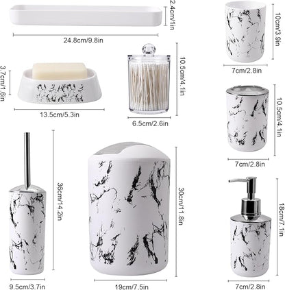 White Marble Bathroom Accessories Set, White Bathroom Set with Trash Can, Vanity Tray, Soap Dispenser, Soap Dish, Toothbrush Holder, Toothbrush Cup, Toilet Brush and Qtip Holders for Bathroom