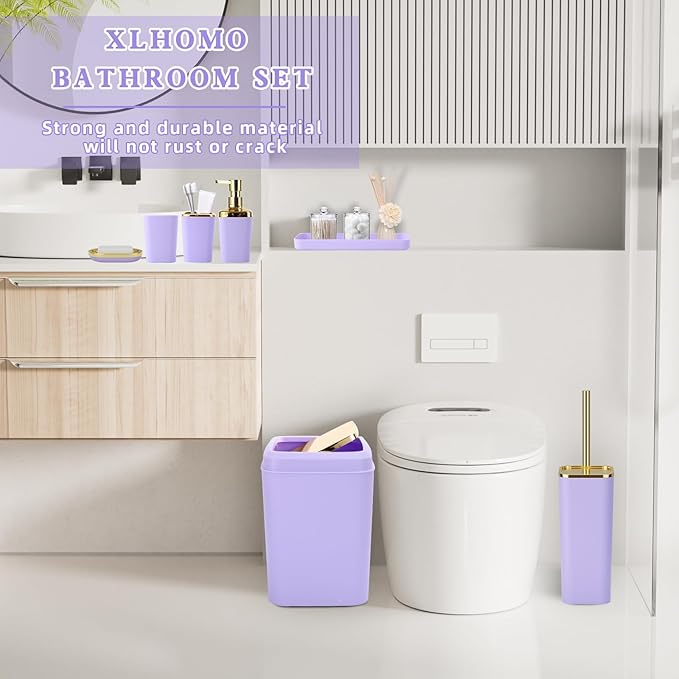 Purple Bathroom Accessories Set, Purple and Gold Bathroom Accessories with Trash Can, Soap Dispenser, Soap Dish, Toothbrush Holder and Q-tip Holders