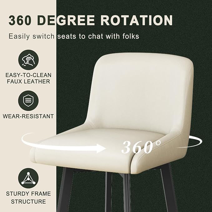 Swivel Bar Stools, 26''H Upholstered Barstools with Backs, Modern Counter Height Bar Stool Chairs for Kitchen Island, Metal Legs (Antique White- Faux Leather, Set of 4-26" H)