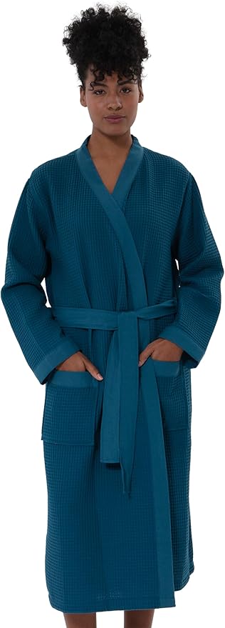 Women’s Luxury Waffle Shawl Collar, Hooded Robe w Piping – Lightweight, Long, Ultra Soft Spa Sleepwear Bathrobe