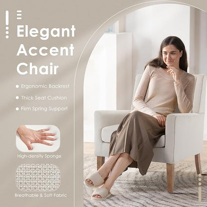 COLAMY Modern Wingback Living Room Chair, Upholstered Fabric Accent Armchair, Single Sofa Chair with Lounge Seat and Wood Legs for Office/Bedroom/Reading Spaces, Beige