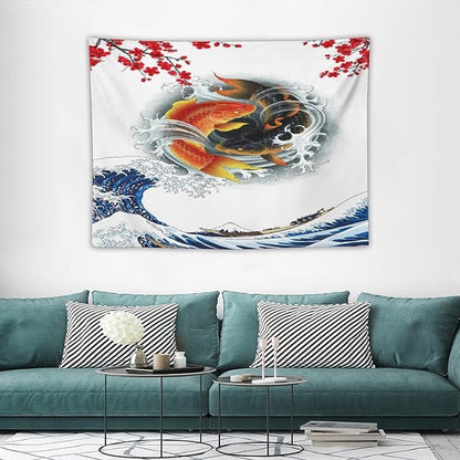 Houselerax Koi Fish Tapestry, Japanese Style Yin Yang Big Wave Cherry Blossoms Tapestries Wall Hanging for Bedroom Living Room Office Decor 40"x30"