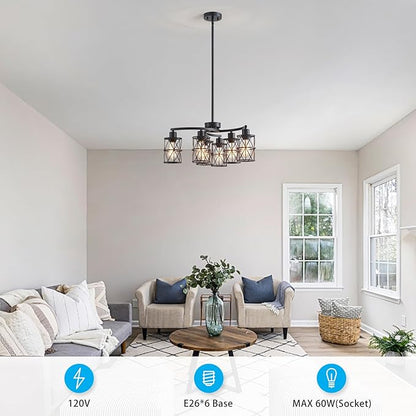 XINGQI Modern Black Chandelier 6-Light Pendant Lighting Fixture with Metal Shade 24" Height Adjustable for Dining Room Living Room Bedroom