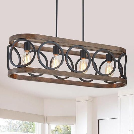XINGQI Rectangular Linear Kitchen Island Chandeliers Over Table 32.7" Black Pendant Lighting Fixtures Farmhouse 4-Light for Dining Room Bar Office Coffee Shop, Black Wood Grain