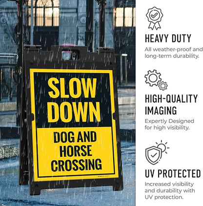 Slow Down Dog and Horse Crossing Sidewalk Sign Kit, 18x24 Inches, with A Frame Stand, Made in USA