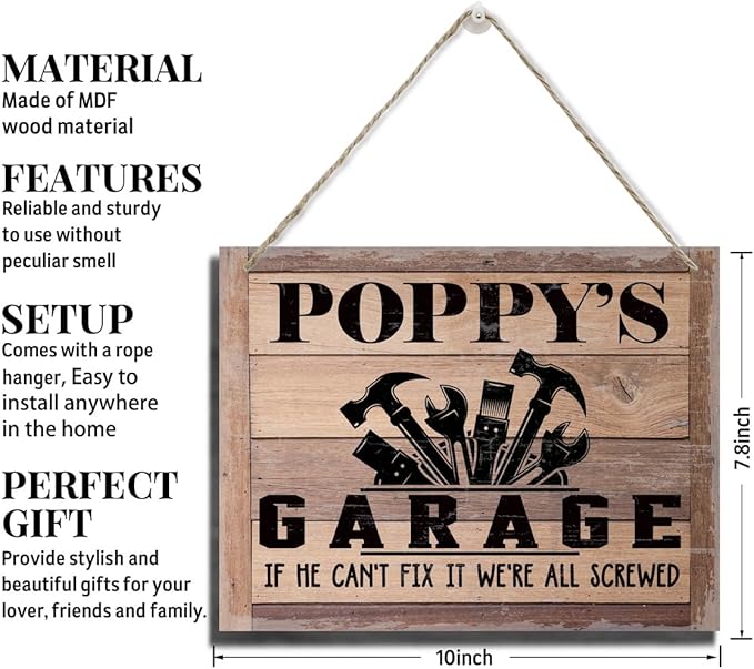 Rustic Sign, Father's Day Gift, Dad's Gift, Grandpa's Gift, Decor Hanging Wood Signs, Printed Wood Wall Art Sign, Poppy's Garage, If He Can't Fix It We're All Screwed, Vintage Sign Gift for Grandpa