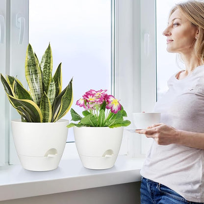 Plant Pots 12/10/9 Inch Self Watering Pots, Set of 3 Plastic Planters with Drainage Holes and Saucers,Plastic Flower Pots,Nursery Planting Pot for Indoor Out Door Plants(Pure White)
