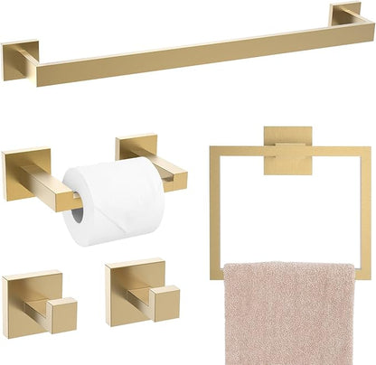 TQKAG Brushed Gold Bathroom Hardware Accessories Set 5 Pieces, Double Post Pivoting Toilet Paper Holder Set Stainless Steel Square Bathroom Towel Bar Holder Set Wall Mounted