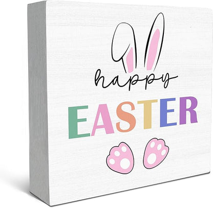SRADMO Happy Easter Sign, Cute Bunny's Ear Easter Wood Box Sign Desk Decor, Easter Bunny Decorations, Easter Theme Wooden Block Box Sign Decoration for Home Office Shelf Table Decor
