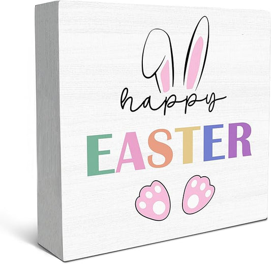 SRADMO Happy Easter Sign, Cute Bunny's Ear Easter Wood Box Sign Desk Decor, Easter Bunny Decorations, Easter Theme Wooden Block Box Sign Decoration for Home Office Shelf Table Decor