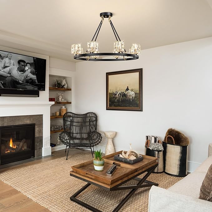 Black Wagon Wheel Chandelier, 8-Light Farmhouse Crystal Chandeleirs with Adjustable Height,Ceiling Hanging Light Fixture Pendant Lights for Living Room,Bedroom,Kitchen Island,Dining Room,Bedroom