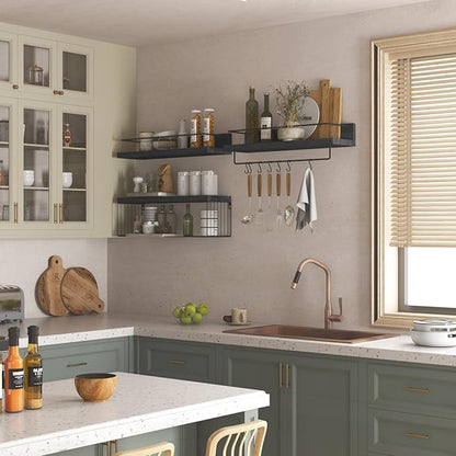 22.5 inches Bathroom Shelves Over Toilet for Wall, Floating Shelves with Storage Basket Paper Holer for Kitchen Living Room, Bedroom & Classroom, Set of 3 (Black)