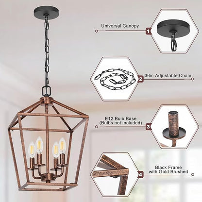 Chandelier for Dining Room, 4-Light Rustic Chandelier Fixtures, Vintage Ceiling Light with Adjustable Height, Antique Bronze Geometric Hanging Light for Bedroom, Foyer, Kitchen, Living Room, Entryway