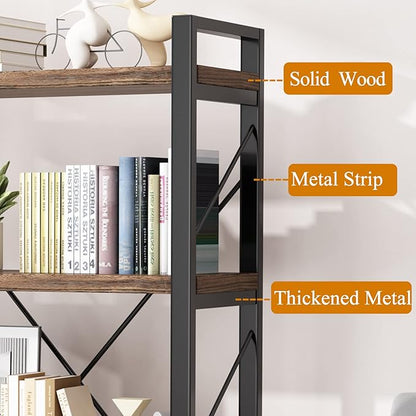 5 Tier Bookshelf Rustic Solid Wood Industrial Style Bookcase,Metal and Real Wood Vintage Bookshelf,Book Shelves Home Office, Retro Brown,Dark Matching credenza(LZ01-05tier) (5Tiers)