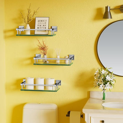 Alise Bathroom Glass Shelf with Stainless Steel Railing, Polished Chrome Small Tempered Glass Floating Wall Shelf Over The Toilet, 16 inch