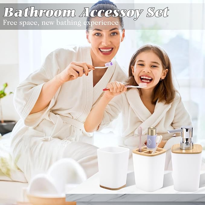 White Bathroom Accessories, Bathroom Accessories Set with Trash Can, Soap Dispenser, Toothbrush Holder, Toothbrush Cup, Soap Dish, Toilet Brush, Tray and Q-tip Holders for Housewarming
