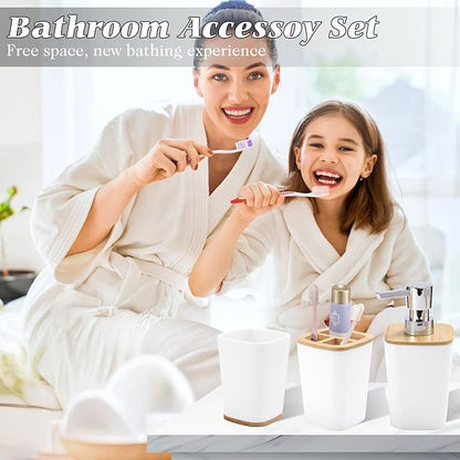 White Bathroom Accessories, Bathroom Accessories Set with Trash Can, Soap Dispenser, Toothbrush Holder, Toothbrush Cup, Soap Dish, Toilet Brush, Tray and Q-tip Holders for Housewarming