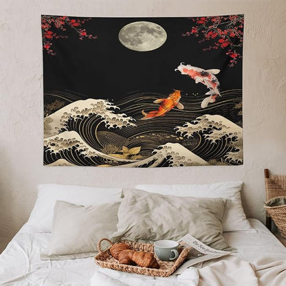 Houselerax Koi Fish Tapestry, Japanese Style Yin Yang Big Wave Cherry Blossom Tapestries Wall Hanging for Bedroom Living Room Office Decor 40"x30"