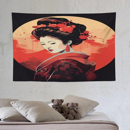 Japanese Woman Geisha Tapestry Asian Cherry Blossom Red Sun Traditional Kimono Folk Tapestries Home Decor for Living Room Bedroom Apartment Farmhouse Dorm 60"x40"