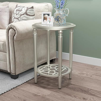 COSIEST Round Side Table, End Table Glass with Wood Frame, Champagne Gold Bedside Table with Modern Style for Living Room, Balcony, Bedroom