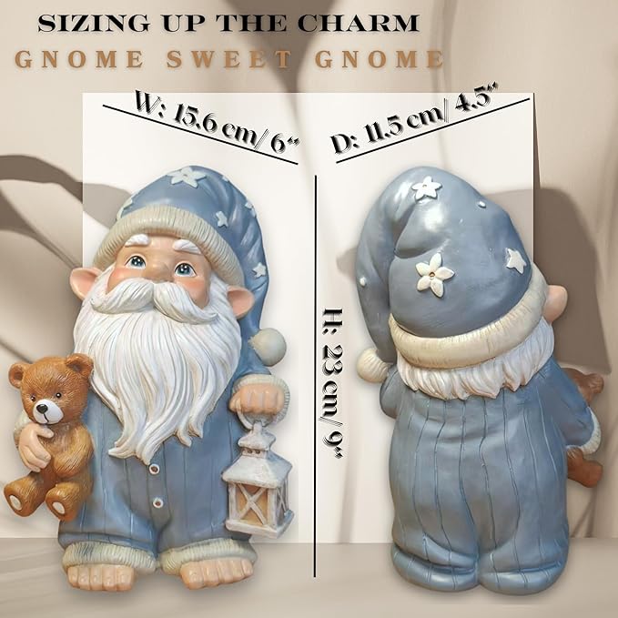 Sleepy Garden Gnome with Teddy Bear & Lantern - 9" Weatherproof Resin Statue - Indoor Outdoor Decor - Whimsical for Home, Patio & Lawn