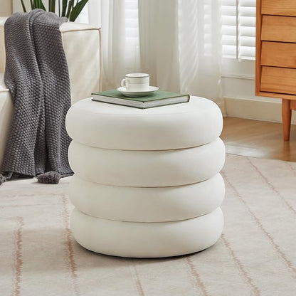 ONEVOG Round Storage Ottoman, 20" Small Ottomans Table with Removable Lid, Velvet Fabric Soft Footrest Stool for Couch, Upholstered Stuffed Circle Seat for Living Room/Bedroom/Dorm/Vanity, Lvory White
