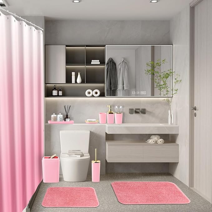 Bathroom Set - Pink Bathroom Sets with Shower Curtain and Rugs, 24PCS Shower Curtain Set with Hooks, Soap Dispenser, Soap Dish, Toilet Brush Holder and Trash Can for Housewarming
