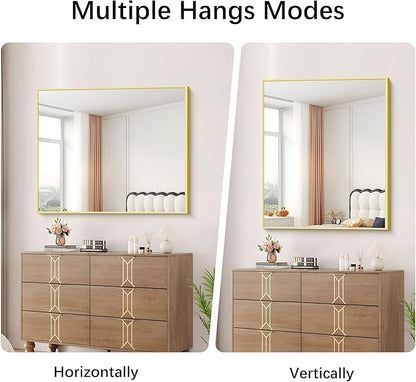 Gold Bathroom Mirror for Wall, 30x36 Inch Rectangle with Metal Frame, Modern Vanity for Bathroom Living Room, Entryway Hangs Horizontal or Vertical