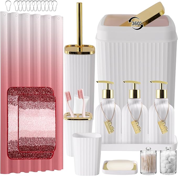 32PCS Bathroom Set Bathroom Sets with Shower Curtain and Rugs Gold Bathroom Accessories,Shower Curtain Set,Bathroom Rug Set with Bathroom Trash Can