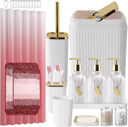 32PCS Bathroom Set Bathroom Sets with Shower Curtain and Rugs Gold Bathroom Accessories,Shower Curtain Set,Bathroom Rug Set with Bathroom Trash Can