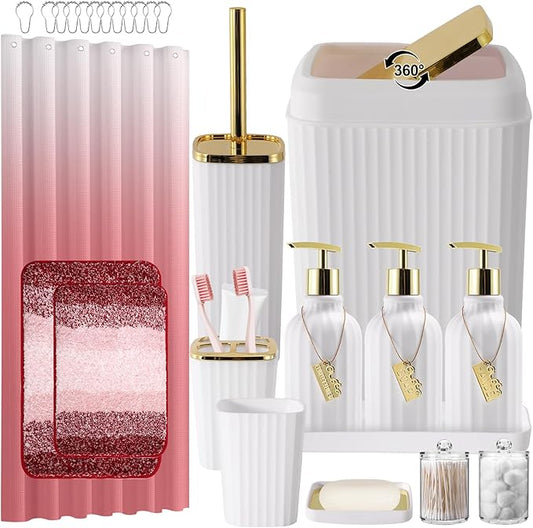 32PCS Bathroom Set Bathroom Sets with Shower Curtain and Rugs Gold Bathroom Accessories,Shower Curtain Set,Bathroom Rug Set with Bathroom Trash Can
