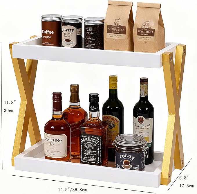 Bathroom Counter Organizer with Basket, Wooden Sink Shelf for Vanity Storage, Storage Organizers for Bathroom, Kitchen, Dresser (Gold-White)