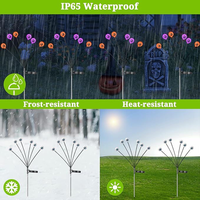 VOTTGO Halloween Solar Lights Outdoor, 8 Pack 48LED Scary Solar Eyeball Pathway Lights, 2 Modes Waterproof Swaying Solar Firefly Lights for Garden Yard Pathway Halloween Decorations, Purple + Orange