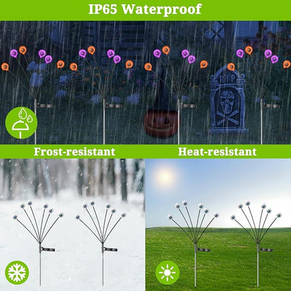 VOTTGO Halloween Solar Lights Outdoor, 8 Pack 48LED Scary Solar Eyeball Pathway Lights, 2 Modes Waterproof Swaying Solar Firefly Lights for Garden Yard Pathway Halloween Decorations, Purple + Orange