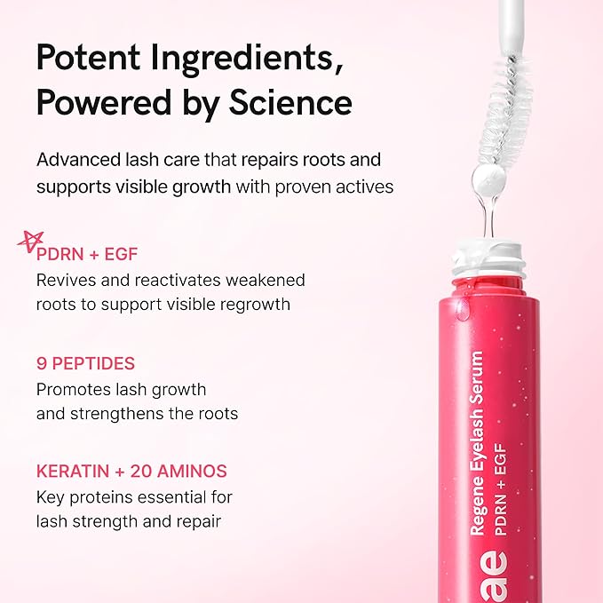 Regene Eyelash Serum | PDRN, EGF with 20 Amino Acids, 9 Peptides | Korean Eyelash & Brow Growth Serum | Gentle Formula to Boost Longer Fuller and Thicker Lashes (0.34 fl.oz.)