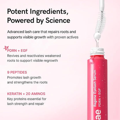 Regene Eyelash Serum | PDRN, EGF with 20 Amino Acids, 9 Peptides | Korean Eyelash & Brow Growth Serum | Gentle Formula to Boost Longer Fuller and Thicker Lashes (0.34 fl.oz.)