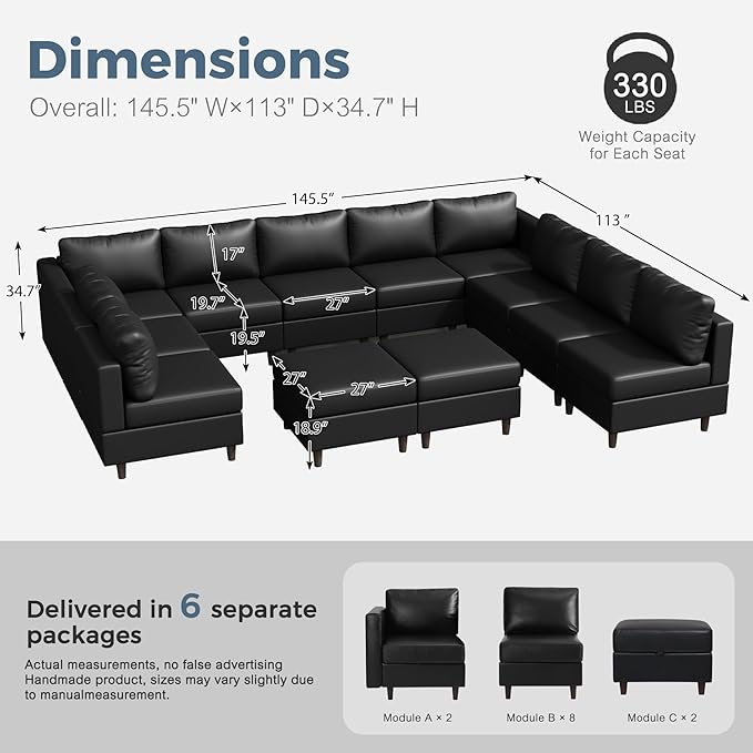 ABCASA Oversized 145.5" Faux Leather Modular Sectional Sofa, Modern Large 12 Seater U Shaped Couch with Storage Seat with Reversible Chaise Deep Seat for Living Room DIY Combination - Black
