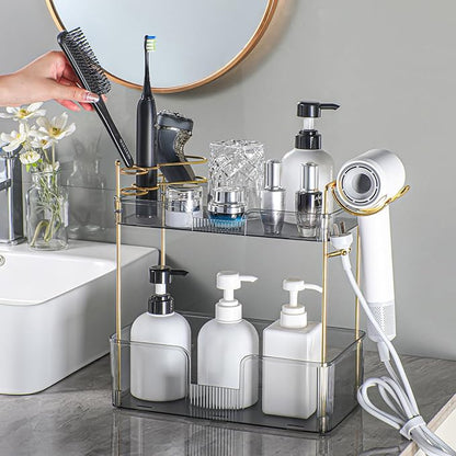 Bathroom Counter Organizer with Hair Dryer Holder, Hair Tool Countertop Storage, Cosmetics Skincare Shelf Organizer, Makeup Organizer Perfume for Dresser Vanity Tray(2 Tier-Grey)