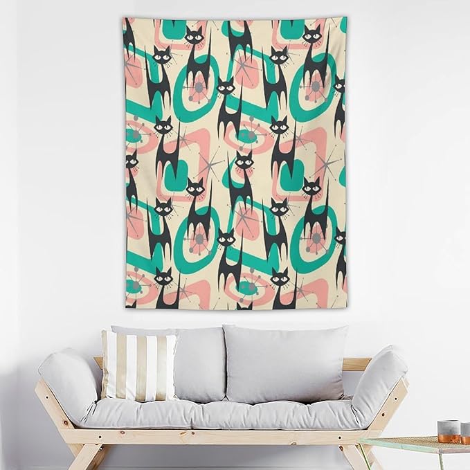 ICMOLYYENLO Boho Medieval Cat Tapestry, Abstract Atomic Starburst Geometric Aesthetic Art Wall Hanging For Bedroom Living Room Dormitory 60x80 Inches