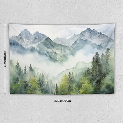 HZOHNAGO Mountain Tapestry Misty Green Forest Mountain Pattern Printed Wall Tapestry Wall Hanging for Bedroom Living Room Dorm 90" W x 60" H