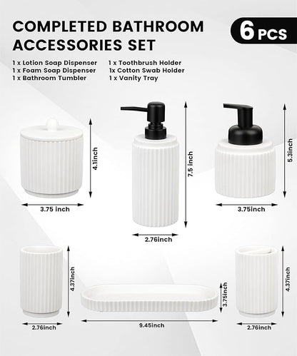 White Bathroom Accessory Set - 6 Pcs: Toothbrush Holder, Lotion & Foaming Soap Dispensers, Qtip Holder, Vanity Tray, Bathroom Tumbler, Countertop Organizer