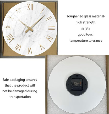 Round Marble Battery Wall Clock Modern 14 Inch White Minimalist Wall Clock for Kitchen Quartz Glass Slient Clock for Wall